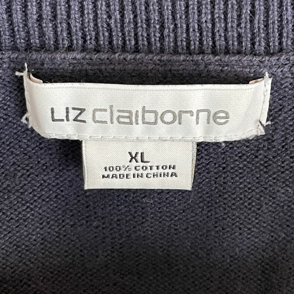 Liz Claiborne Women's Navy Yellow Striped Cotton Knit Crewneck Sweater Size XL - Picture 3 of 3